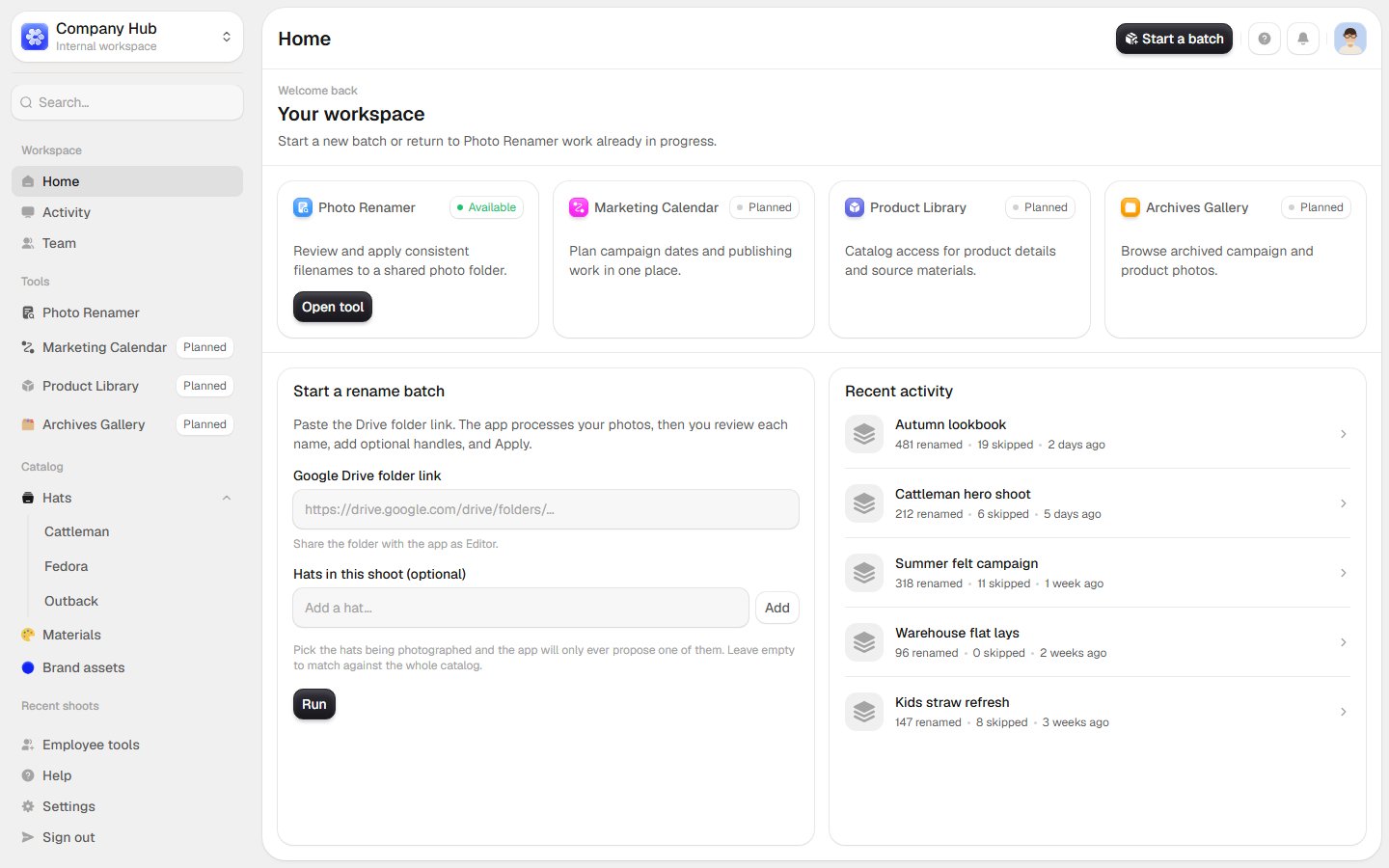 Company Hub home screen