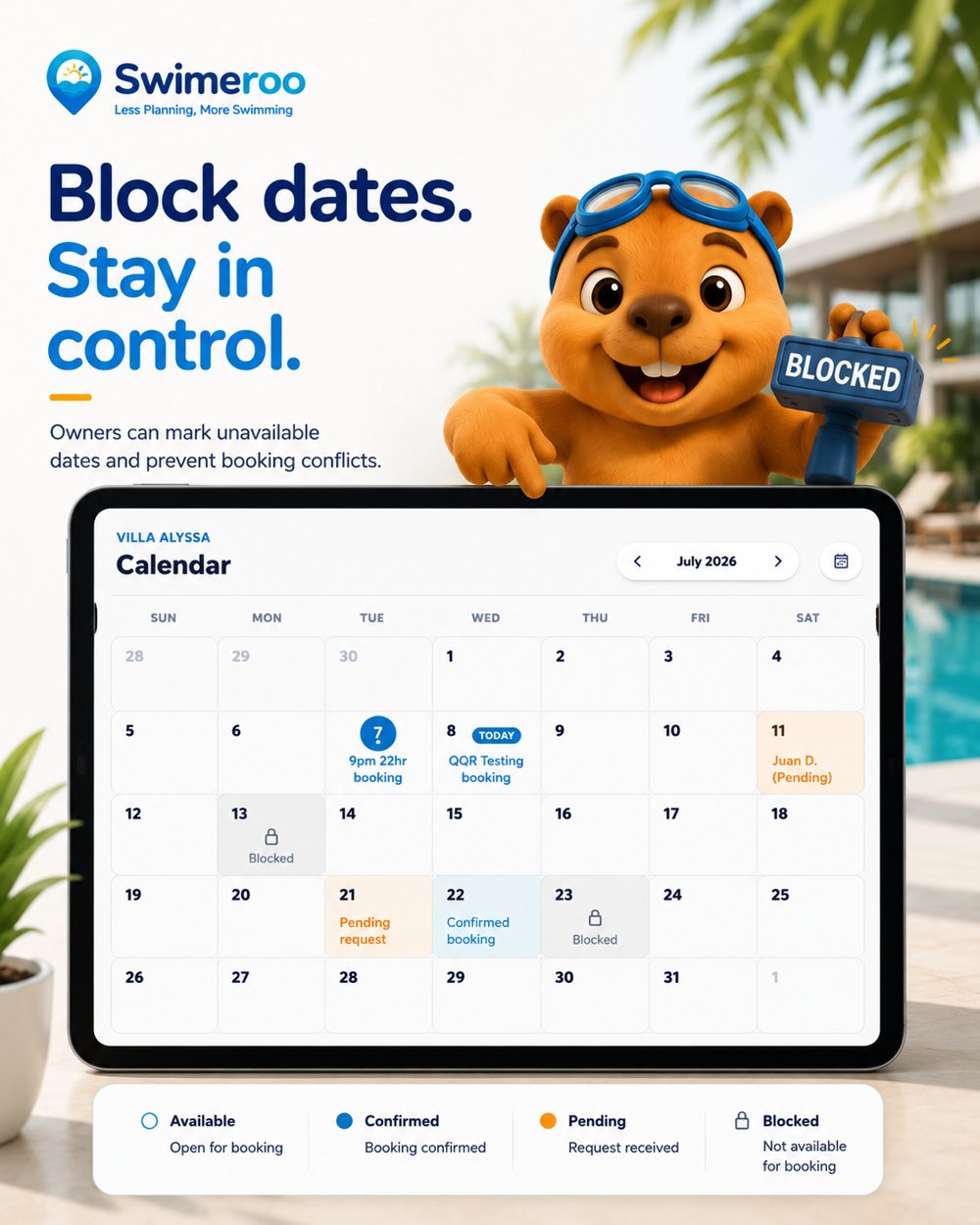 Swimeroo launch slide: block dates, stay in control