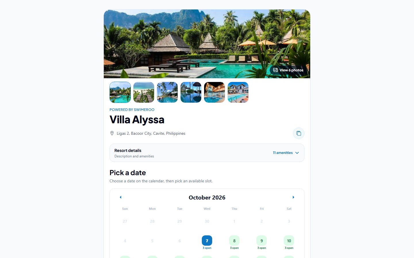 Guest booking page for a resort: photos, details and a date picker