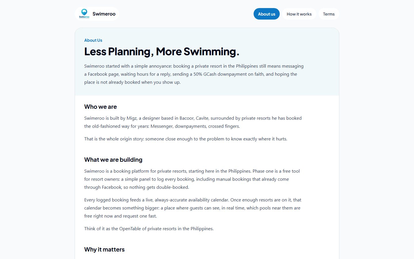 About page: Less Planning, More Swimming